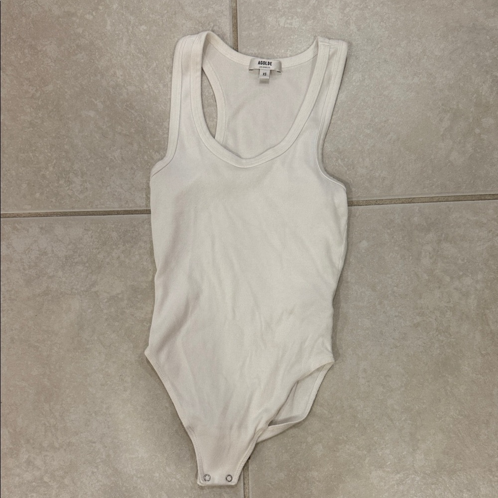 Agolde White Ribbed Tank-Style Bodysuit